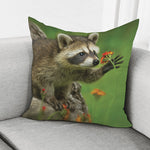 Raccoon And Flower Print Pillow Cover