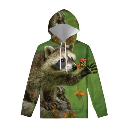 Raccoon And Flower Print Pullover Hoodie