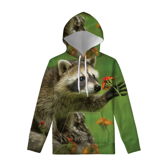 Raccoon And Flower Print Pullover Hoodie