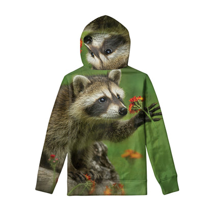 Raccoon And Flower Print Pullover Hoodie