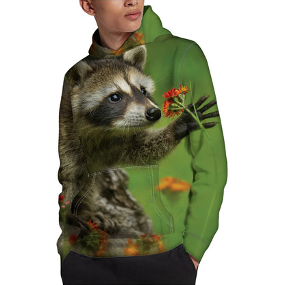 Raccoon And Flower Print Pullover Hoodie