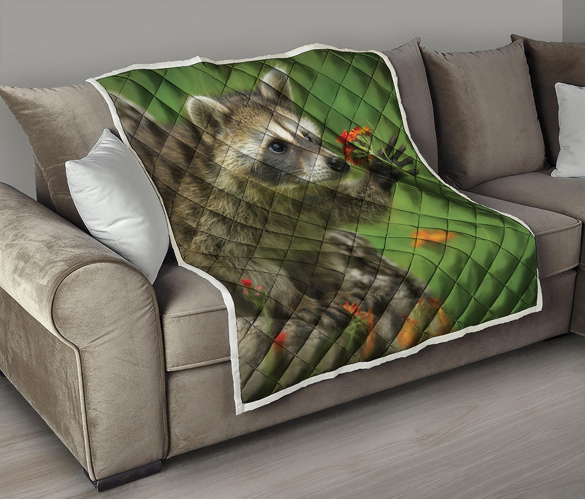 Raccoon And Flower Print Quilt