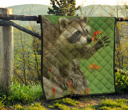 Raccoon And Flower Print Quilt