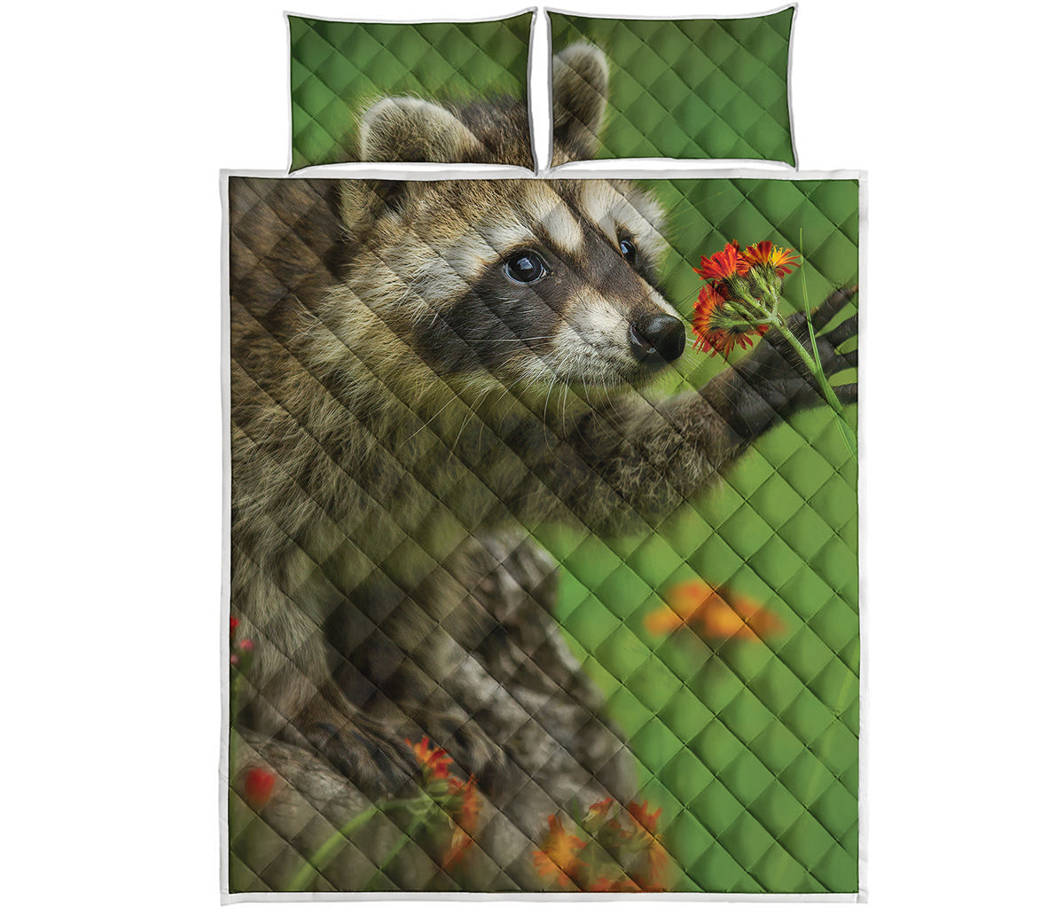 Raccoon And Flower Print Quilt Bed Set