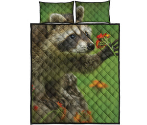 Raccoon And Flower Print Quilt Bed Set
