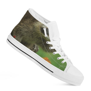 Raccoon And Flower Print White High Top Shoes