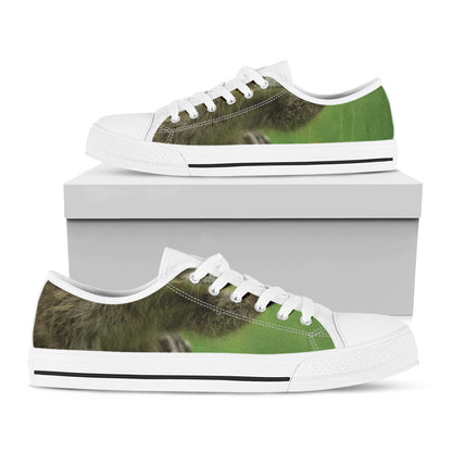 Raccoon And Flower Print White Low Top Shoes