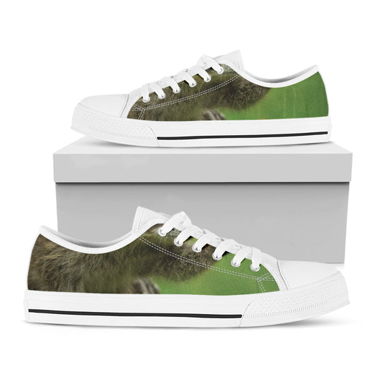 Raccoon And Flower Print White Low Top Shoes