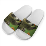 Raccoon And Flower Print White Slide Sandals