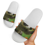 Raccoon And Flower Print White Slide Sandals