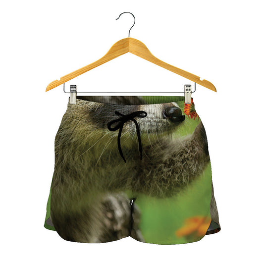 Raccoon And Flower Print Women's Shorts