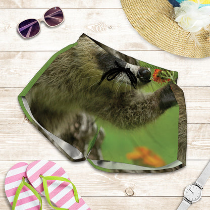 Raccoon And Flower Print Women's Shorts