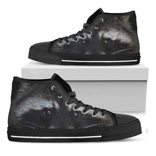 Raccoon Portrait Print Black High Top Shoes