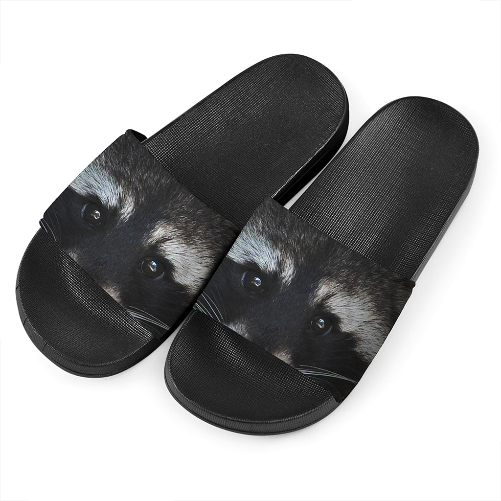 Raccoon Portrait Print Black Slide Sandals