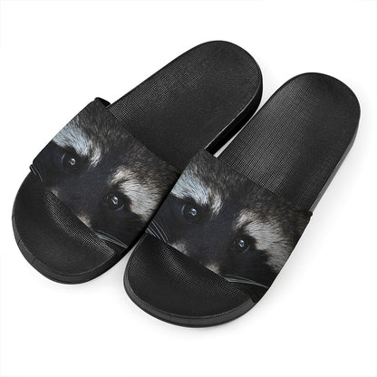 Raccoon Portrait Print Black Slide Sandals
