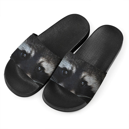 Raccoon Portrait Print Black Slide Sandals