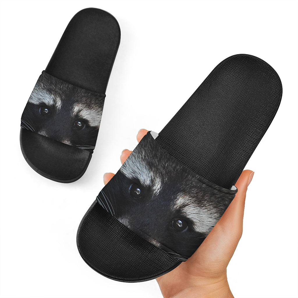 Raccoon Portrait Print Black Slide Sandals