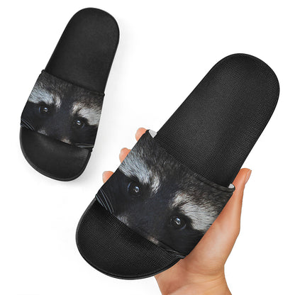 Raccoon Portrait Print Black Slide Sandals