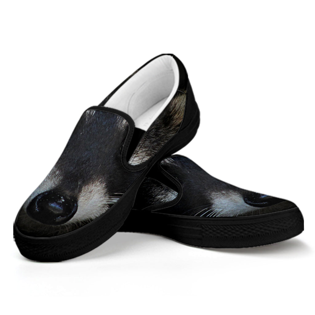 Raccoon Portrait Print Black Slip On Shoes