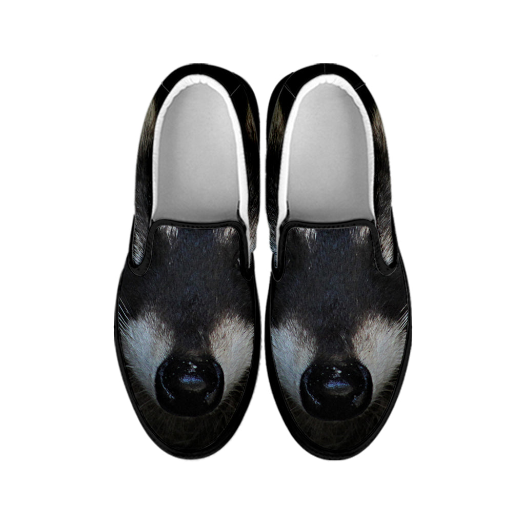 Raccoon Portrait Print Black Slip On Shoes