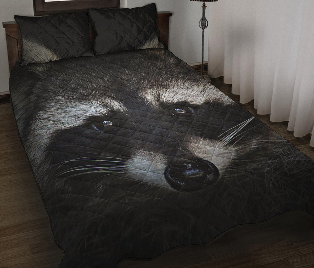Raccoon Portrait Print Quilt Bed Set