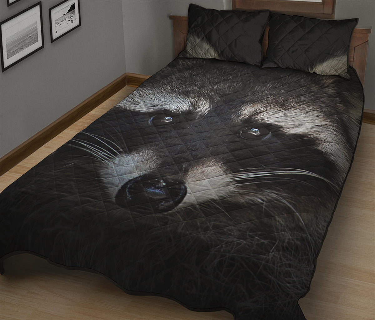 Raccoon Portrait Print Quilt Bed Set