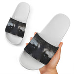 Raccoon Portrait Print White Slide Sandals