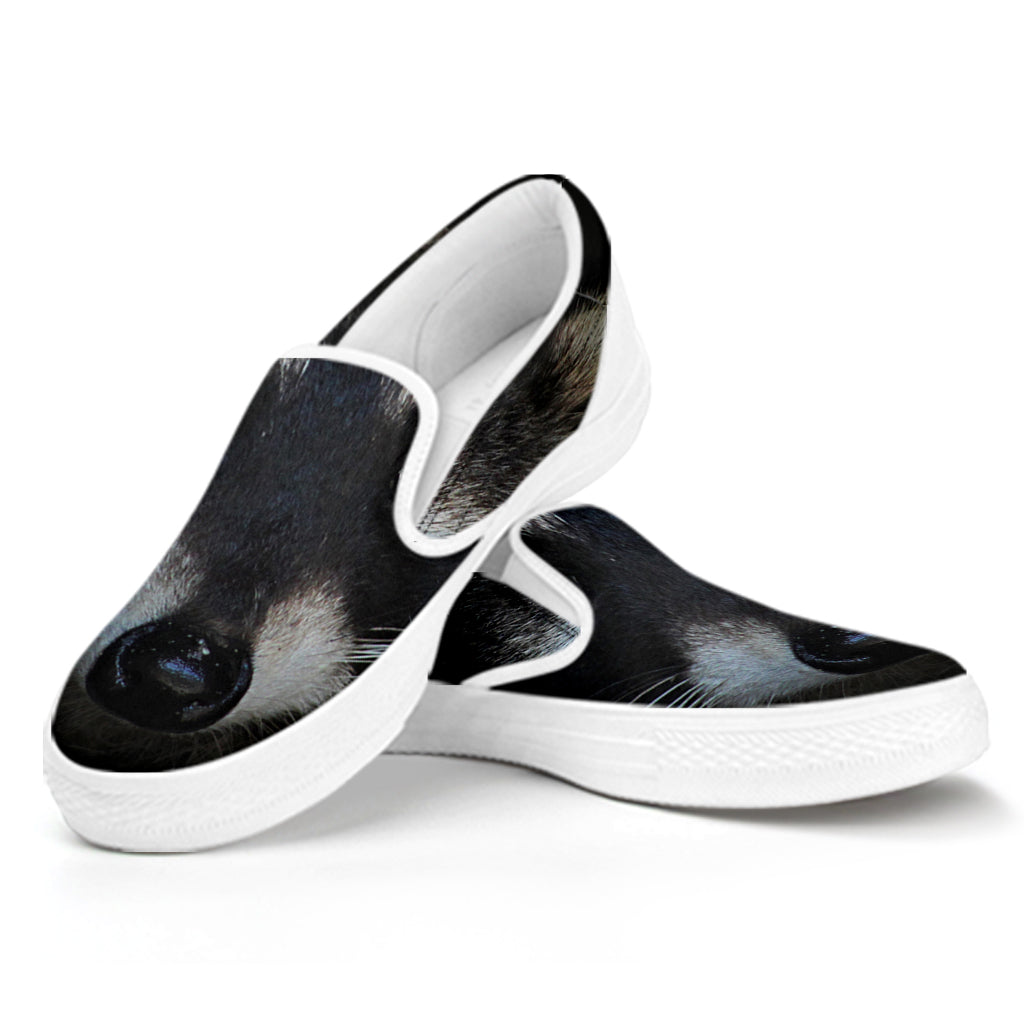 Raccoon Portrait Print White Slip On Shoes