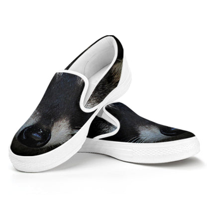 Raccoon Portrait Print White Slip On Shoes