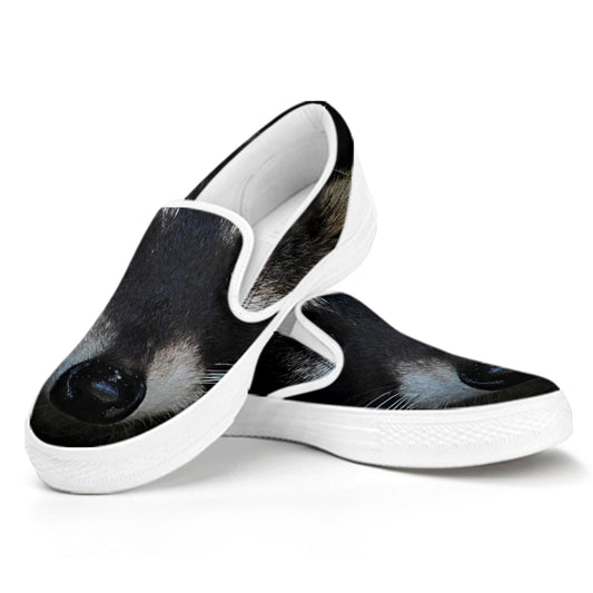 Raccoon Portrait Print White Slip On Shoes