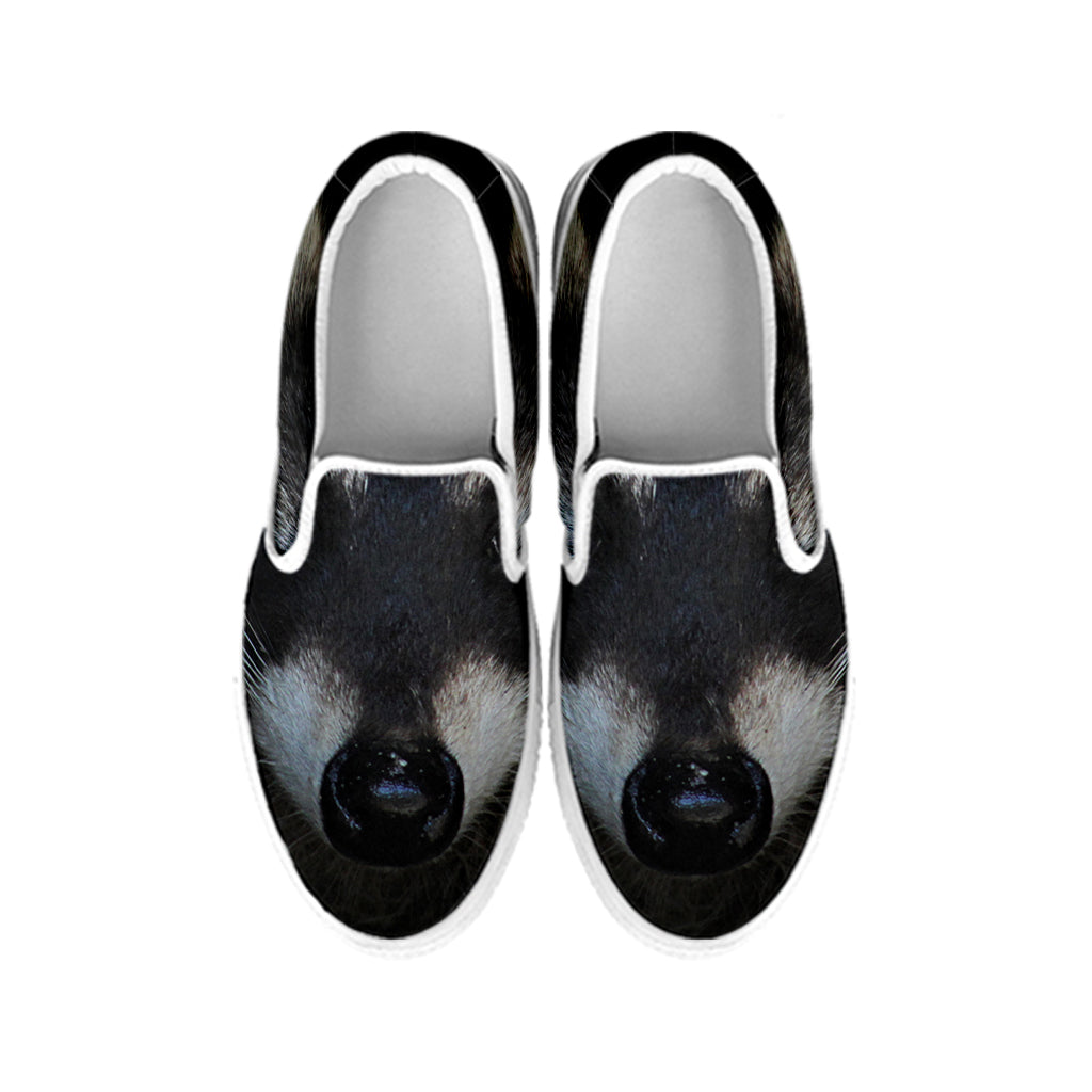 Raccoon Portrait Print White Slip On Shoes