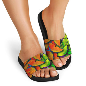 Rainbow Butterfly Pattern Print Black Slide Sandals