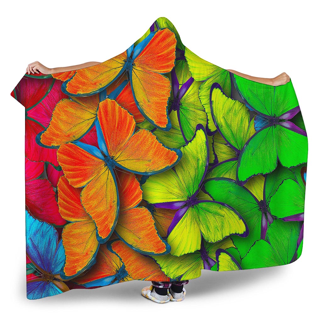 Rainbow Butterfly Pattern Print Hooded Blanket