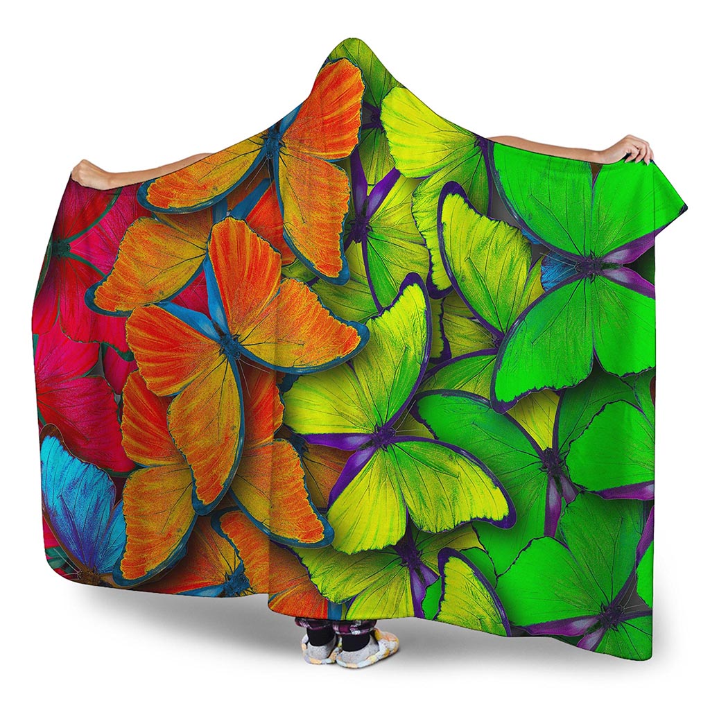 Rainbow Butterfly Pattern Print Hooded Blanket