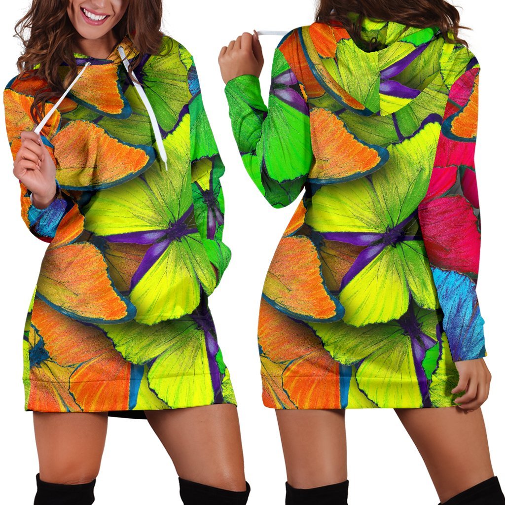 Rainbow Butterfly Pattern Print Hoodie Dress GearFrost