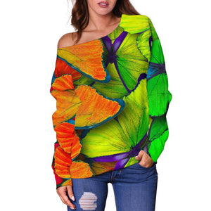 Rainbow Butterfly Pattern Print Off Shoulder Sweatshirt GearFrost