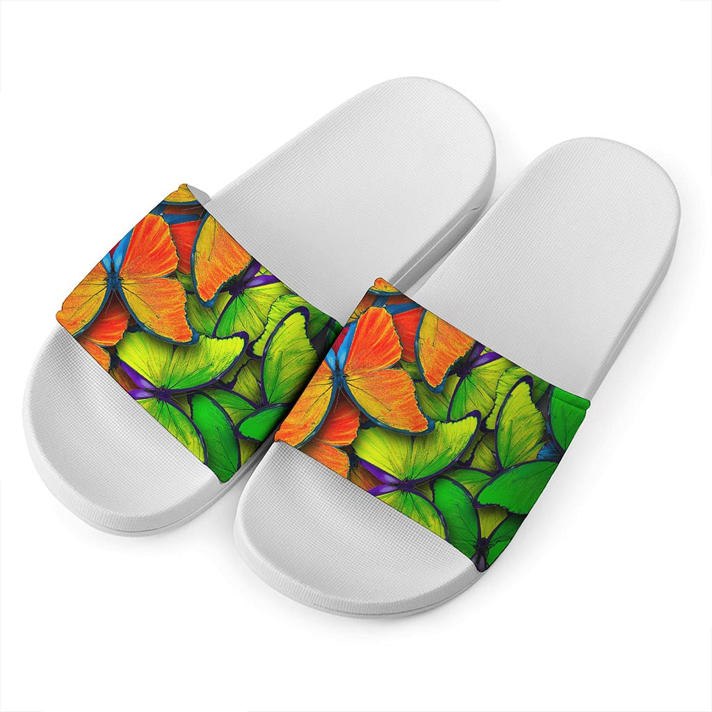Rainbow Butterfly Pattern Print White Slide Sandals