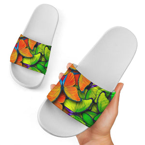 Rainbow Butterfly Pattern Print White Slide Sandals