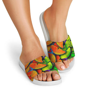 Rainbow Butterfly Pattern Print White Slide Sandals