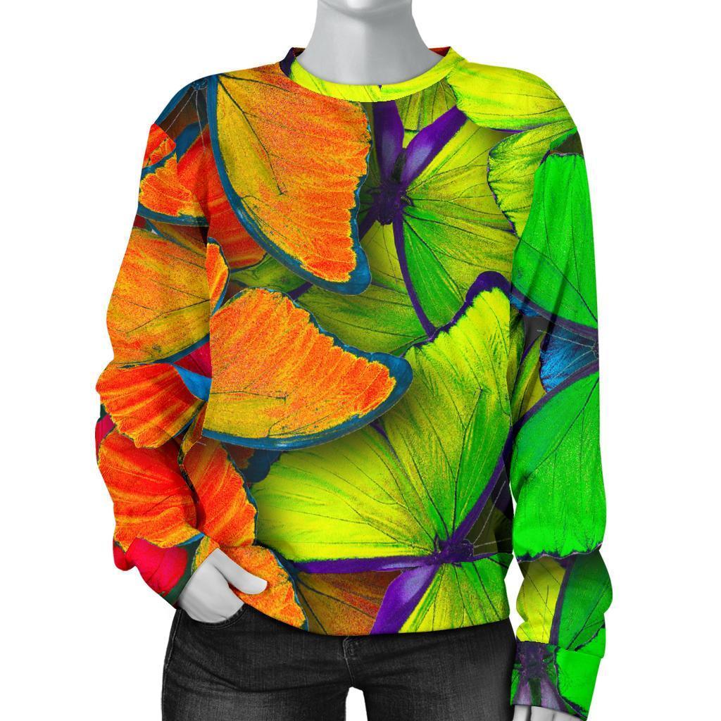 Rainbow Butterfly Pattern Print Women's Crewneck Sweatshirt GearFrost