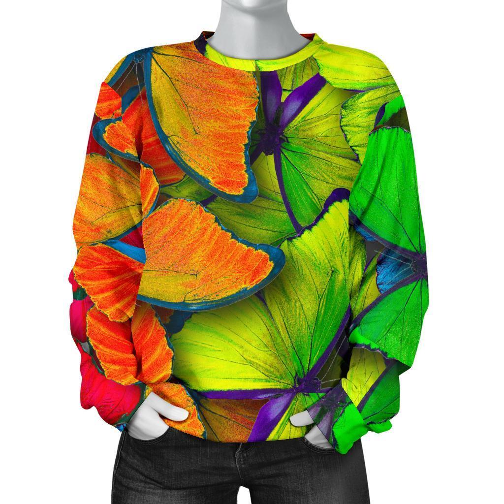 Rainbow Butterfly Pattern Print Women's Crewneck Sweatshirt GearFrost