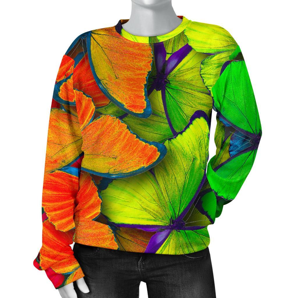 Rainbow Butterfly Pattern Print Women's Crewneck Sweatshirt GearFrost