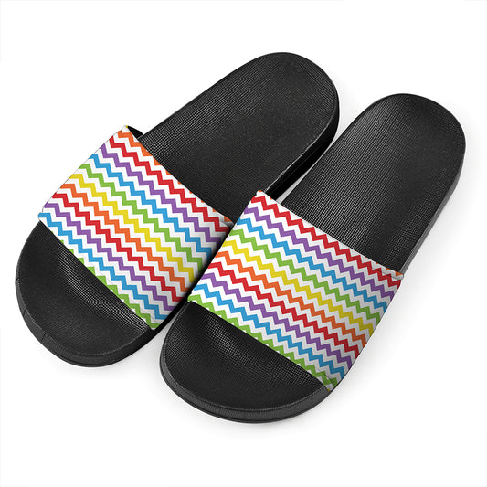 Rainbow Chevron Pattern Print Black Slide Sandals