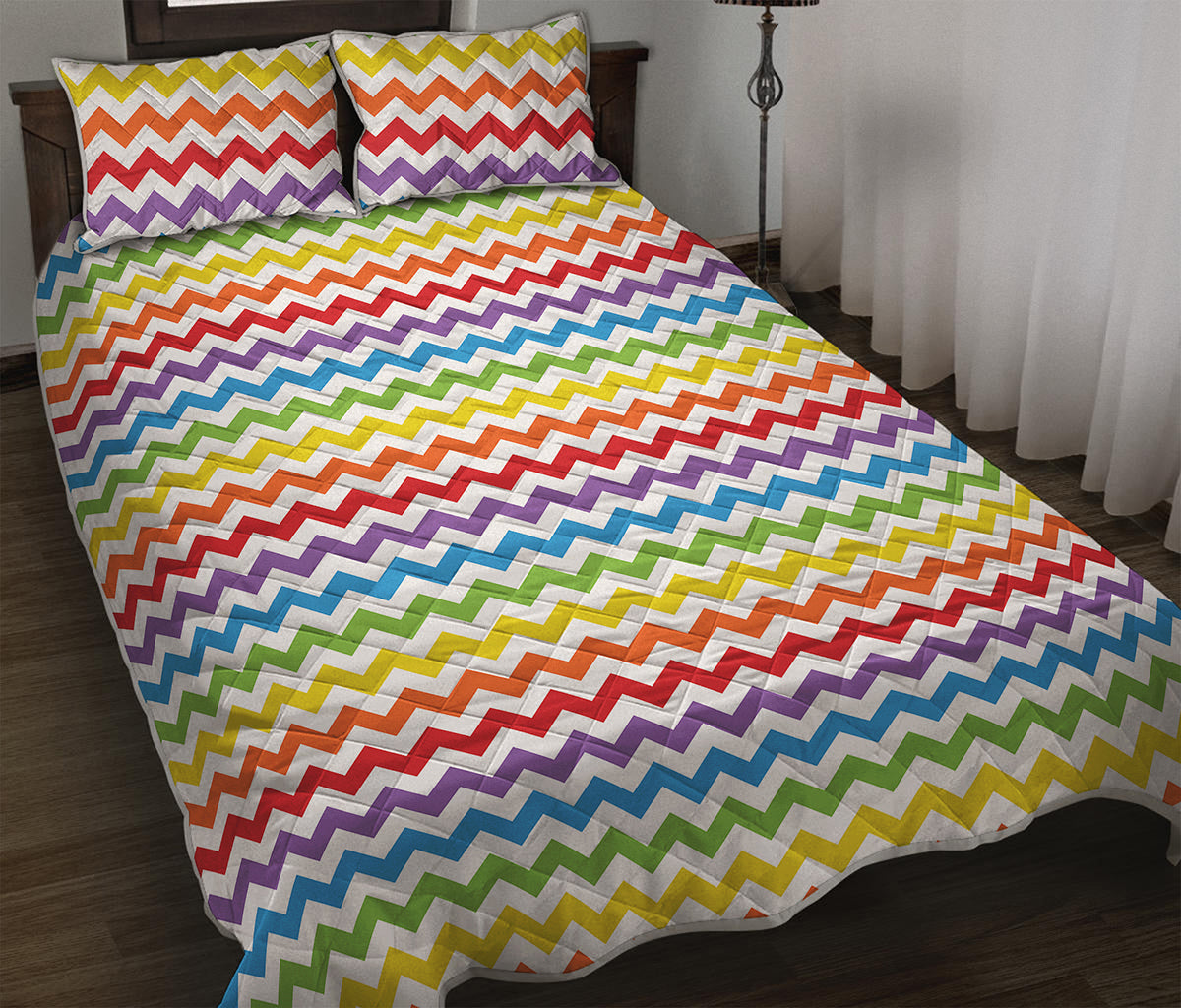 Rainbow Chevron Pattern Print Quilt Bed Set