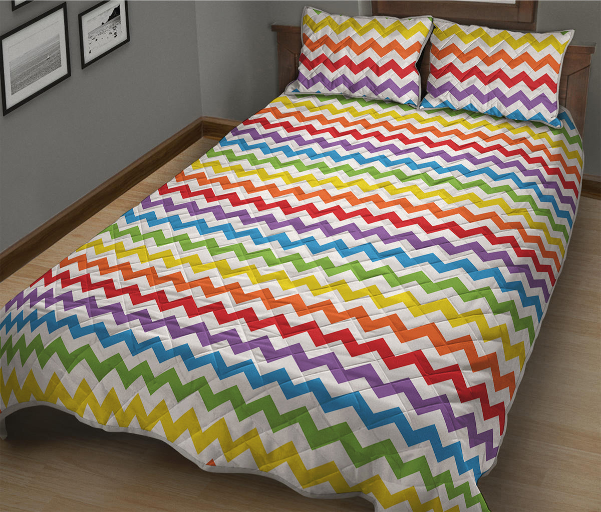 Rainbow Chevron Pattern Print Quilt Bed Set