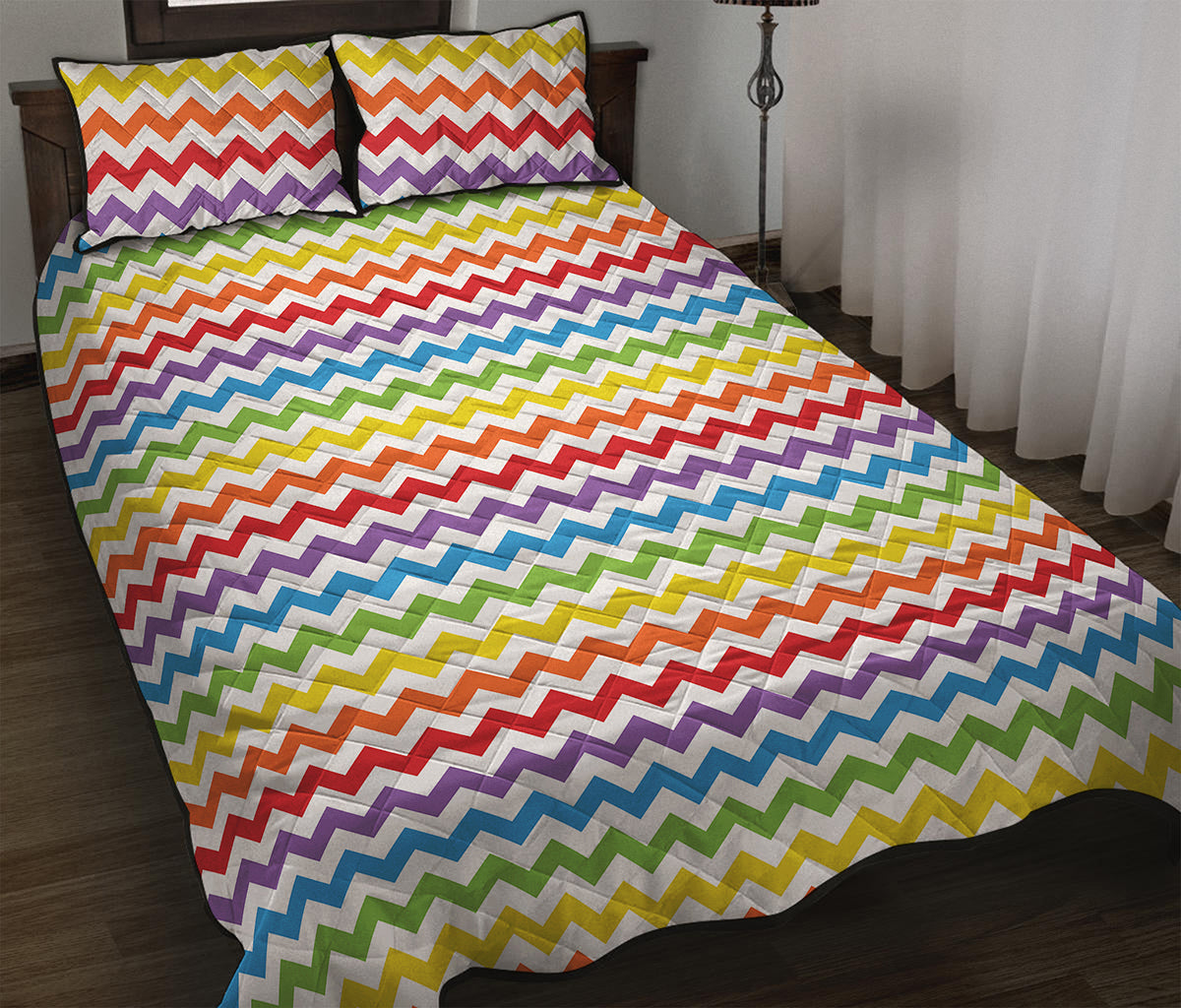 Rainbow Chevron Pattern Print Quilt Bed Set