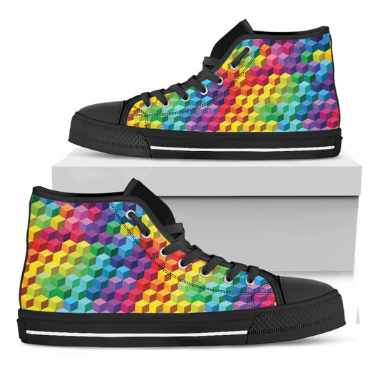 Rainbow Cubes Pattern Print Black High Top Shoes