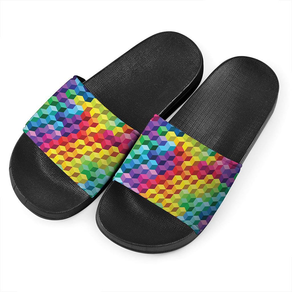 Rainbow Cubes Pattern Print Black Slide Sandals
