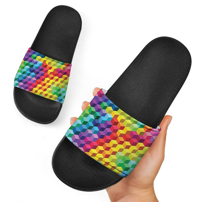 Rainbow Cubes Pattern Print Black Slide Sandals