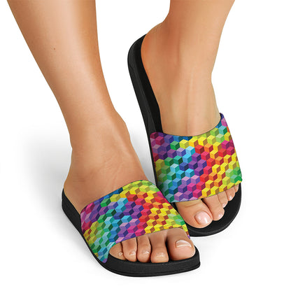 Rainbow Cubes Pattern Print Black Slide Sandals